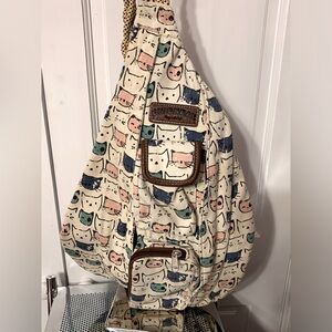 UNIONBAY Cream Sling Bag with Blue, Teal & Pink Cat Print